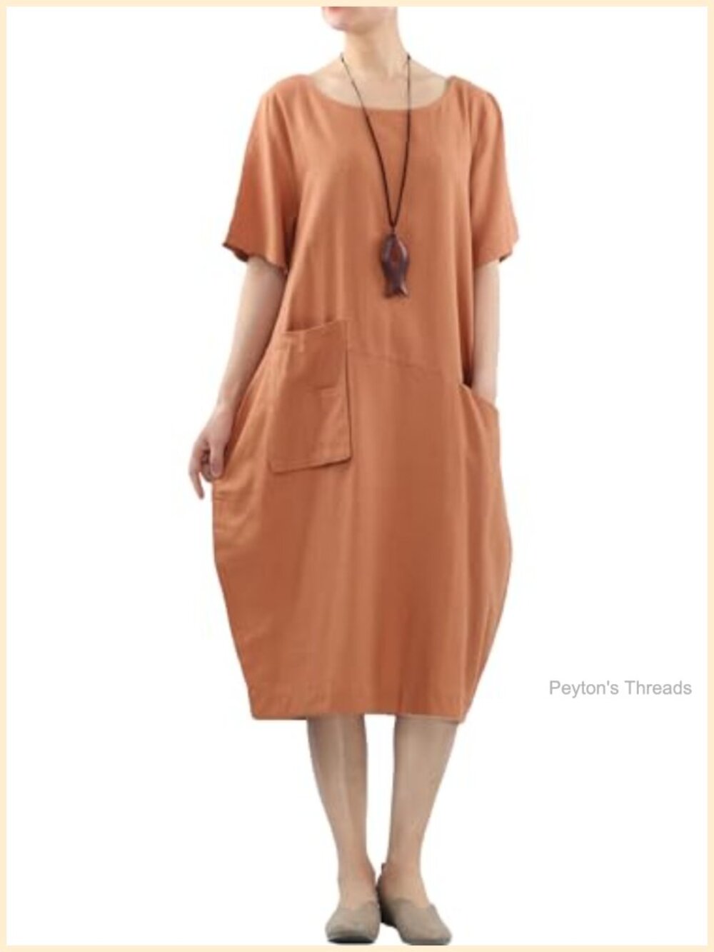 Linen Cotton Midi Tunic Dress with Pockets Short Sleeve Casual Kaftan